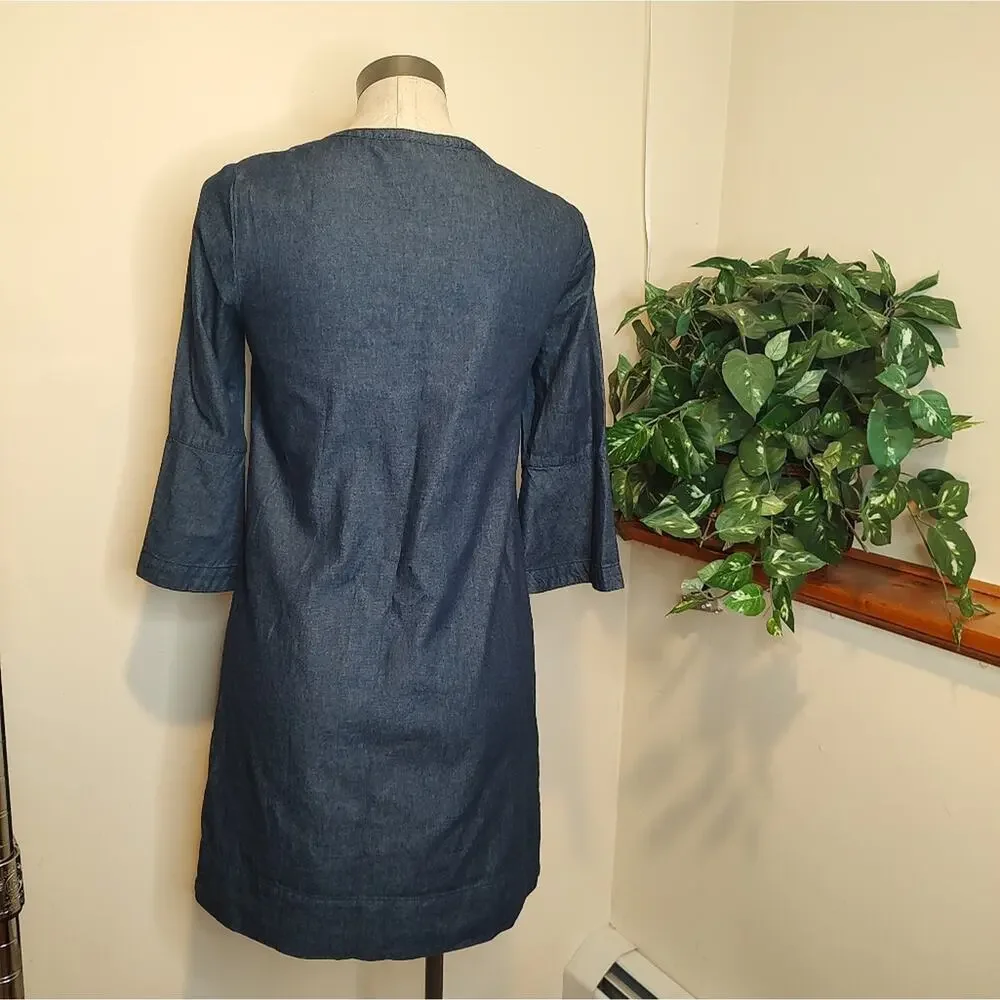 Draper James Denim Chambray Cotton Shift Dress with Ruffle Neckline Size 0
